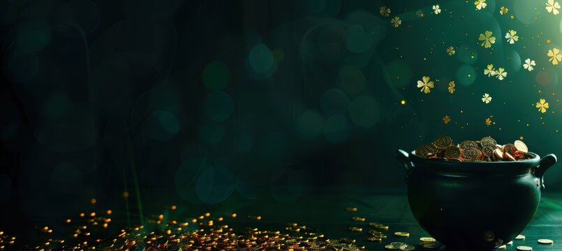 Elegant St. Patrick's Day Banner with Gold Shamrocks and Pot of Coins for Festive Design - Powered by Adobe