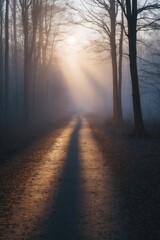Fototapeta premium A Stream of Light Illuminates a Forest Path at Dusk.