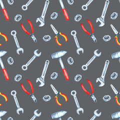 Gray background with red-handled pliers, nuts, and bolts in watercolor. Workshop tools clipart. This seamless pattern is ideal for stationery, gift wrap, or apparel for a subtle mechanical theme