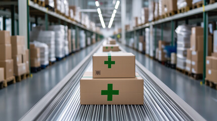 A modern warehouse with boxes marked by green crosses on a conveyor, reflecting organized and reliable medical supply distribution.
