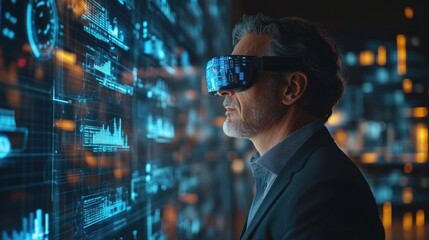 Financial analyst examining company performance with futuristic hud interface