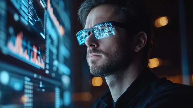 Financial analyst examining company performance with futuristic hud interface