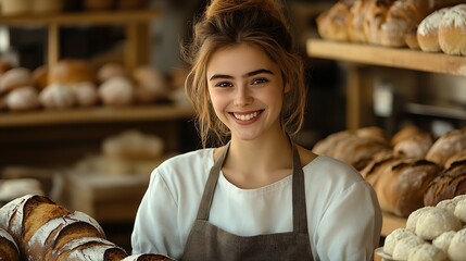 Obraz premium Joyful female baker presenting delicious fresh bread in charming rustic bakery : Generative AI