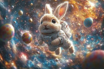Adventurous easter bunny astronaut exploring space with colorful easter eggs