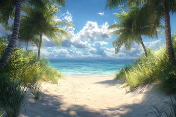 Obraz premium Sunlit Beach Path Through Palm Trees and Foliage