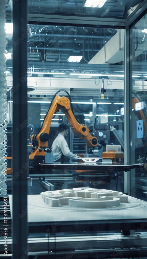 Poster futuristic 3d printing lab: high-tech engineering and advanced manufacturing concepts