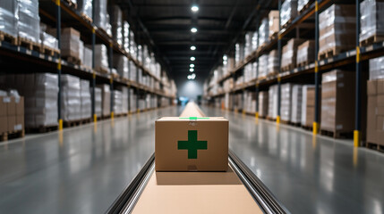 Bright, spacious warehouse with conveyor belt carrying a box marked with a green cross, reflecting organized medical distribution systems.