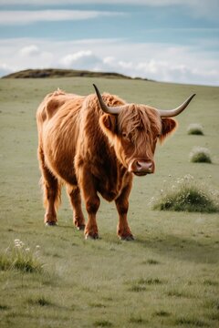 Highland cow leisurely grazes in grassy landscape.