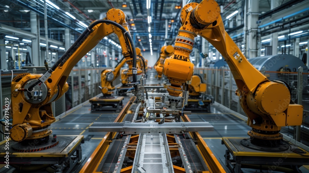 Poster advanced aerospace manufacturing with robots and engineers building satellite components
