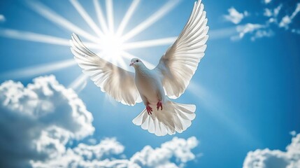 Obraz premium White dove flying in the sky symbolizing freedom, peace, and spirituality