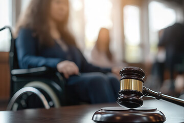 close up of gavel justice and disabled woman in wheelchair on background