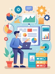 Fototapeta premium A businessman stands in front of a presentation board, analyzing data and charts. He is surrounded by various data visualization elements, symbolizing the process of analyzing, interpreting, and prese