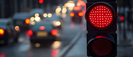 A close-up of a red traffic light at an intersection, with blurred cars passing by in the background.