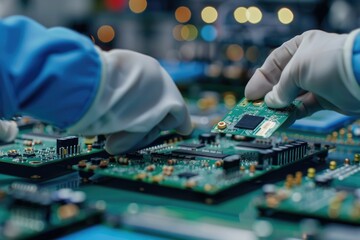Electronics factory workers assembling circuit boards in high tech facility.