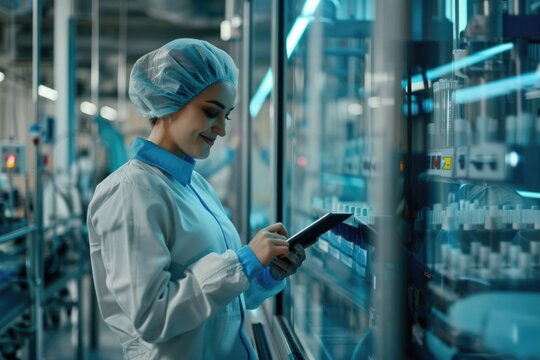 Smiley female worker in sterile clothes using tablet and checking how production line is working.