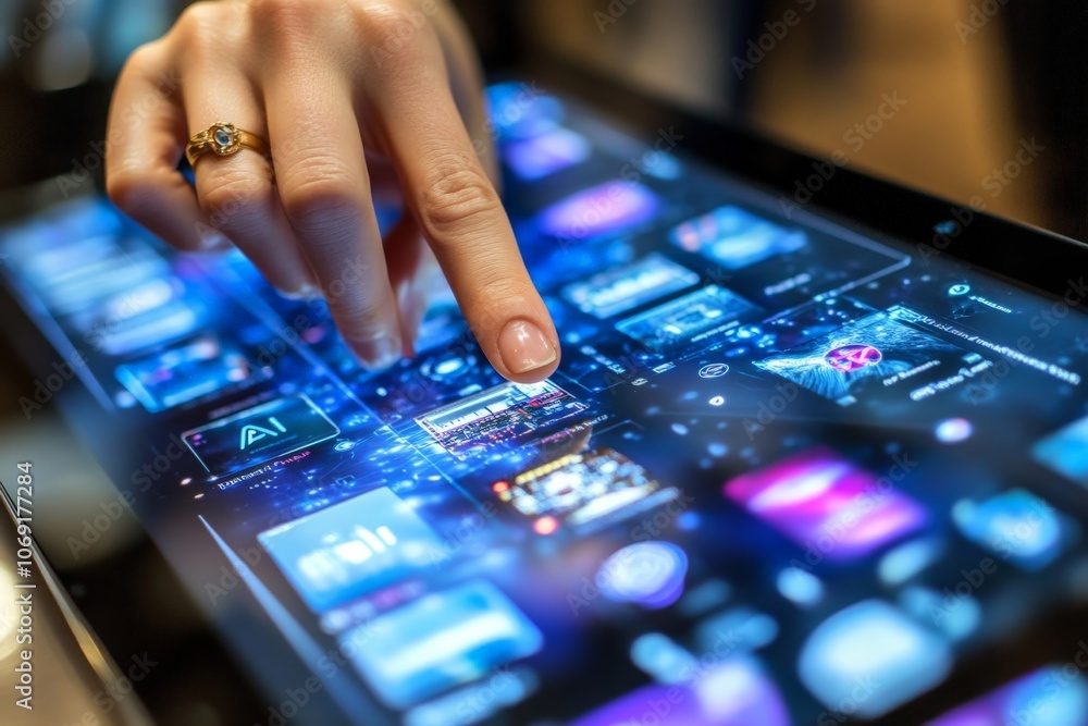 Poster womans hand on digital interface with multiple app icons symbolizing technology interaction digital 