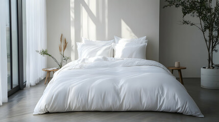 Serene Minimalist Bedroom with Crisp White Bedding, Simple Furniture, and a Light-Filled Space Creating a Calming Atmosphere