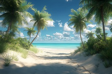 Obraz premium Sunny Pathway Through Palm Trees to a Tropical Beach Scene