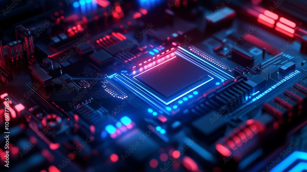 Poster close-up view of a modern circuit board illuminated by blue and red lights, showcasing intricate tec