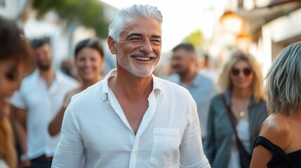 A white-haired mature man in loose jeans and a white casual shirt smiling with a group of friends on a city street, natural light