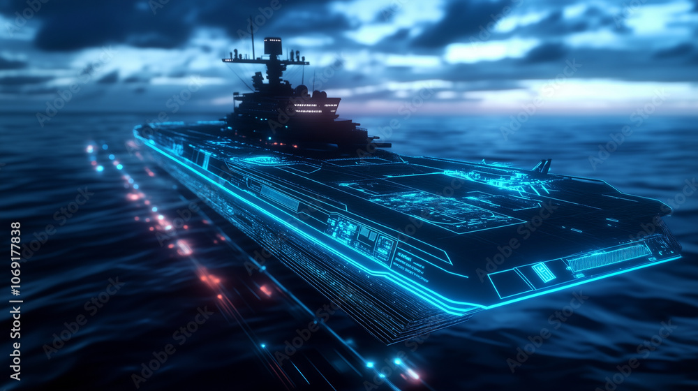Poster concept rendering of a futuristic warship with advanced overlay graphics showing defense systems, en