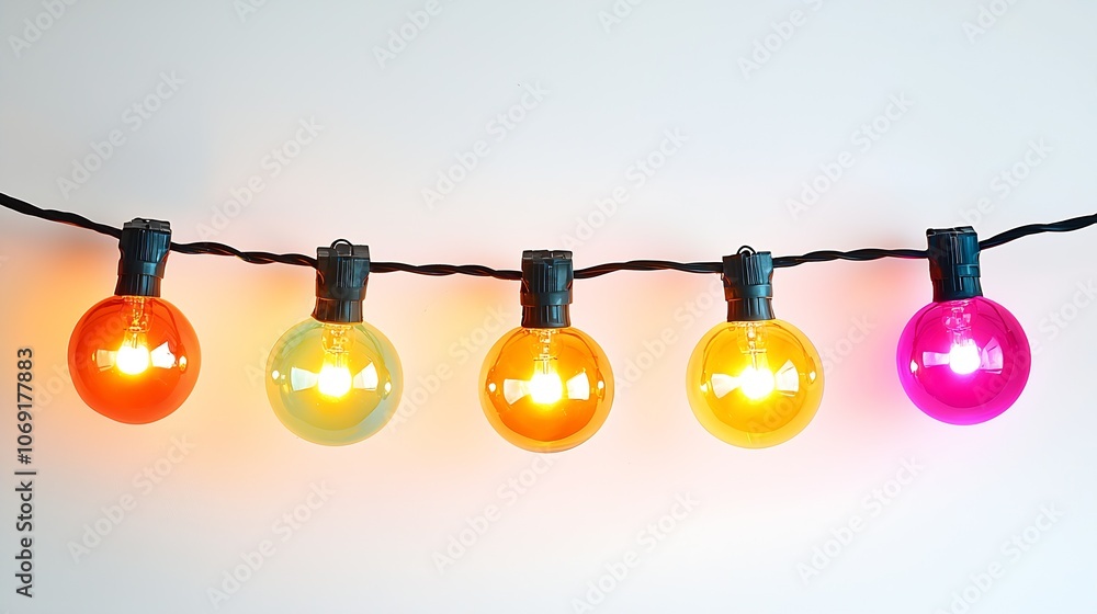Poster Colorful String Lights on White Background Creating Festive Ambiance and Cheerful Atmosphere : Generative AI