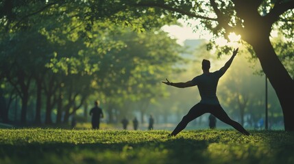 athletic man in sportswear stretching in a park before a morning jog, surrounded by greenery, a few people jogging in the blurred background