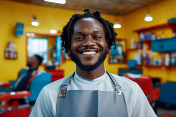 Fototapeta premium Middle-aged African man with dreadlocks in shirt and apron providing grooming services in a contemporary barbershop.