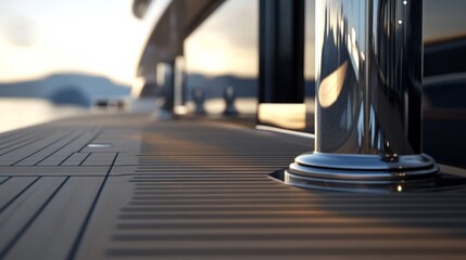 Wooden deck of a luxury yacht with chromed metal parts