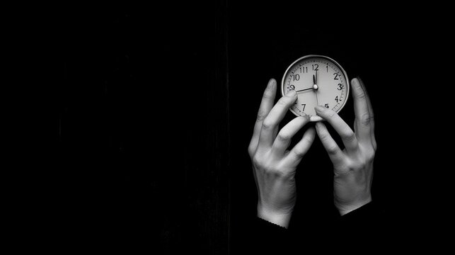 person holding clock, black and white, time pasing, tic toc tic toc