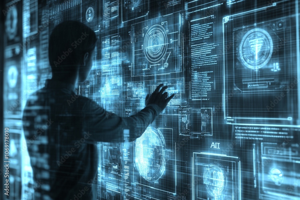 Aufkleber man using holographic data screen with multiple panels symbolizing digital data access virtual inter