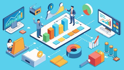 Obraz premium A visual representation of data analysis, showcasing charts, graphs, and growth indicators, with figures symbolizing successful business analysis and strategy.
