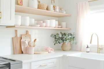 Modern Kitchen Decor with White Cabinets, Pink Accents, and a Farmhouse Sink