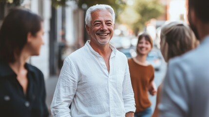 A white-haired mature man in loose jeans and a white casual shirt smiling with a group of friends on a city street, natural light