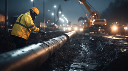 Workers in protective gear carefully positioning large metal pipes into a trench, illuminated by construction lights, creating a scene of diligent infrastructure development.