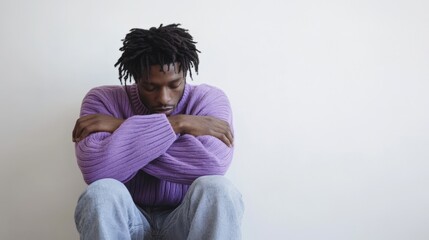 Young man in a purple sweater sitting against a plain wall, arms wrapped around his knees, soft neutral lighting, minimalist room setting