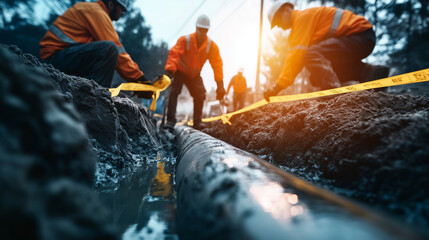 Construction crew installing large water pipes underground, surrounded by yellow warning tape and digging equipment, capturing the essential nature of utility work.