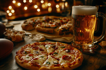 Cozy night with pizza and beer: perfect game day feast amidst twinkling lights