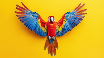 Fototapeta premium parrot on yellow background top view isolated