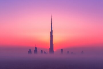 Stunning cityscape with iconic skyscraper at sunset