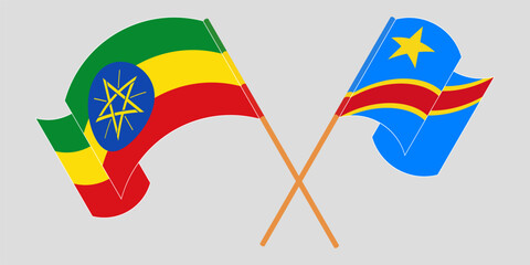 Crossed and waving flags of Ethiopia and Democratic Republic of the Congo. Vector illustration