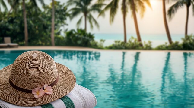A serene poolside scene featuring a straw hat adorned with a flower, surrounded by lush palm trees and a tranquil ocean view at sunset.
