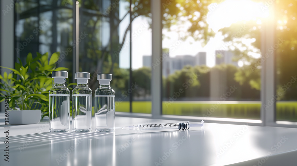 Aufkleber multiple vials and a syringe arranged on a white table, with expansive windows in the background cas