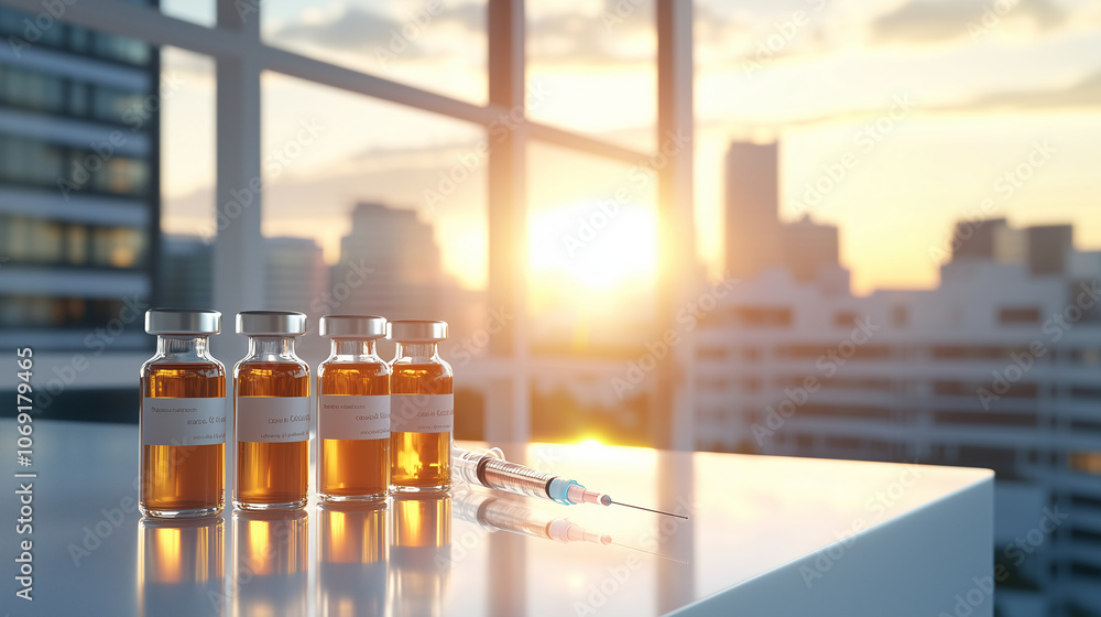 Aufkleber multiple vials and a syringe arranged on a white table, with expansive windows in the background cas