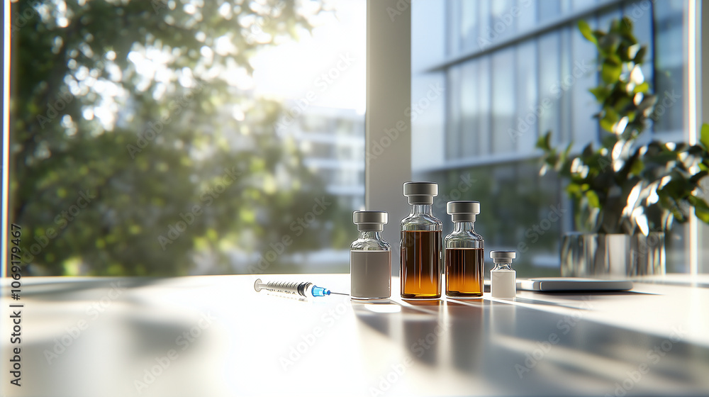 Aufkleber multiple vials and a syringe arranged on a white table, with expansive windows in the background cas