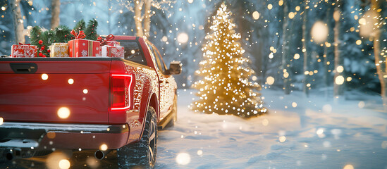 Festive red truck with gifts and decorated christmas tree in snowy winter banner