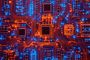 Obraz premium Close up view of circuit board with glowing orange background 