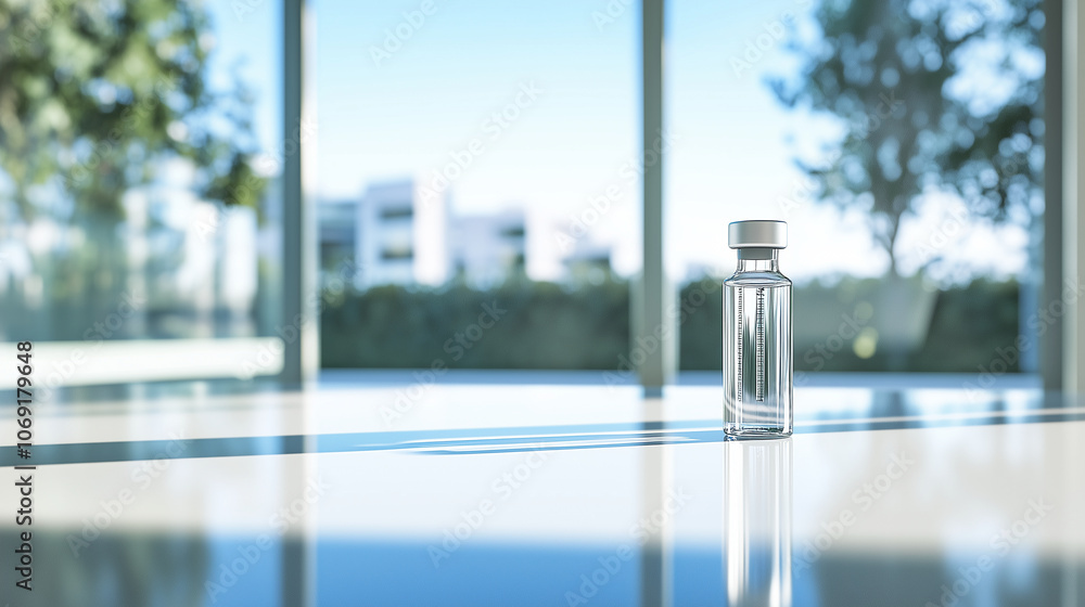 Aufkleber a single glass vial and syringe displayed neatly on a white tabletop, with background windows diffus