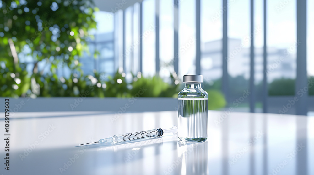 Aufkleber a single glass vial and syringe displayed neatly on a white tabletop, with background windows diffus