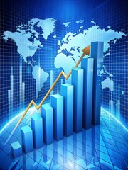 A bar graph representing financial growth with an upward arrow, symbolizing progress, success, and prosperity. The background features a world map, indicating a global scope and interconnectedness.
